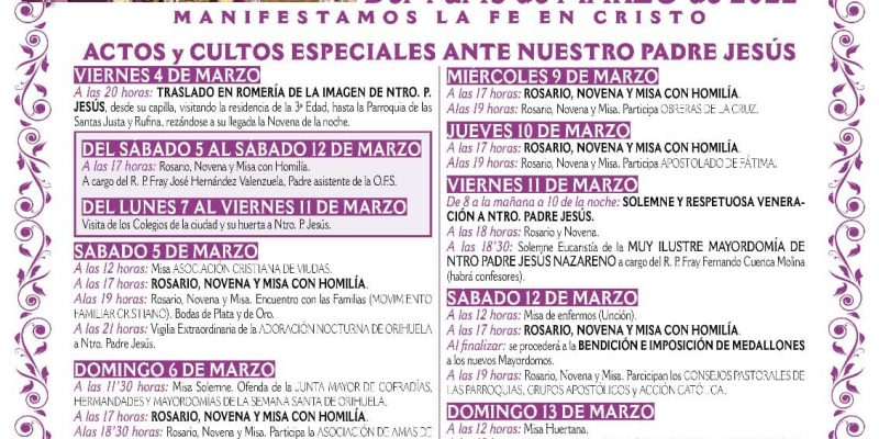 Orihuela iniciará en marzo el tradicional novenario Nuestro Padre Jesús