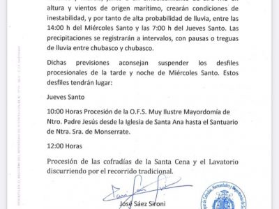 Orihuela suspende sus procesiones de este Miércoles Santo