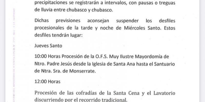 Orihuela suspende sus procesiones de este Miércoles Santo