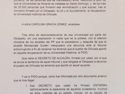 Pro Campus pide a la alcaldesa de Orihuela que retire el Decreto que anula una sentencia contra el Obispado