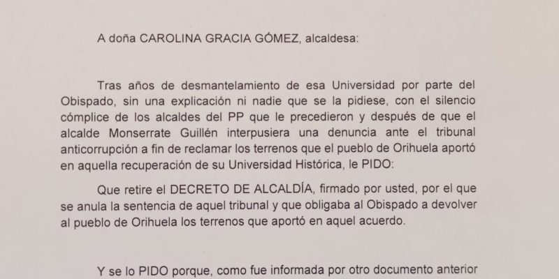 Pro Campus pide a la alcaldesa de Orihuela que retire el Decreto que anula una sentencia contra el Obispado