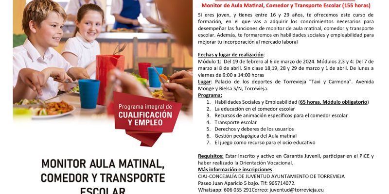 Torrevieja abre el plazo de inscripción para el curso de monitor de aula matinal