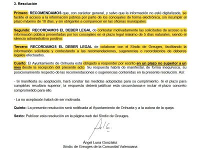 El Síndico de Agravios da la razón a una edil de Cs de Orihuela que pide acceso a expedientes