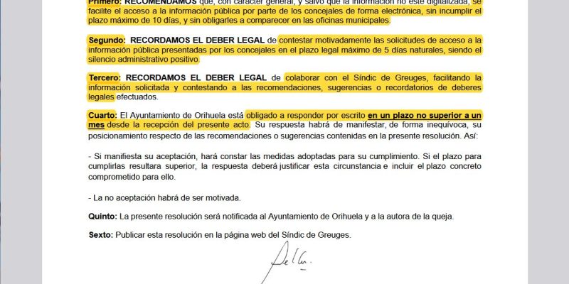 El Síndico de Agravios da la razón a una edil de Cs de Orihuela que pide acceso a expedientes