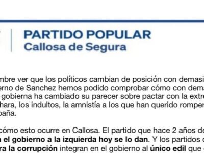El PP de Callosa de Segura se pronuncia tras el cambio de gobierno