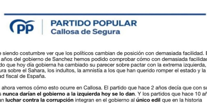 El PP de Callosa de Segura se pronuncia tras el cambio de gobierno