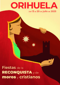 Las Fiestas de la Reconquista y de Moros y Cristianos de Orihuela ya tienen cartel anunciador para este 2025. El trabajo ganador es obra de Rocío Brotons y representa a una mujer, la Armengola, que protege con su manto la ciudad, representada por su Castillo, en presencia de dos luceros
