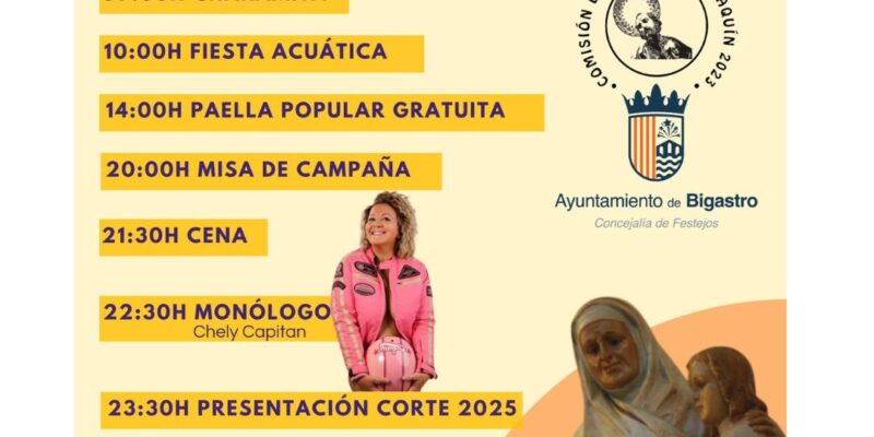 La Concejalía de Festejos del Ayuntamiento de Bigastro, en colaboración con la Comisión de Fiestas de San Joaquín, ha presentado la programación de las Fiestas en Honor a Santa Ana que se celebrarán este sábado, 26 de julio
