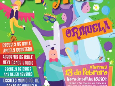 Orihuela volverá a llenar sus calles de música, color y animación con motivo del desfile de Carnaval 2026, que se celebrará el próximo viernes 13 de febrero por el centro de la ciudad a partir de las 18:30 horas